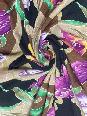 1 1/2 YD Cotton Blend Knit - Black and Beige Swirled with Purple Flowers