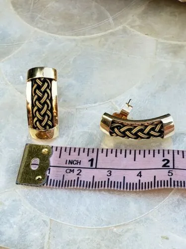 18K Yellow Gold 750 Vintage Estate Unique Woven Design Pierced Earrings rare 10g