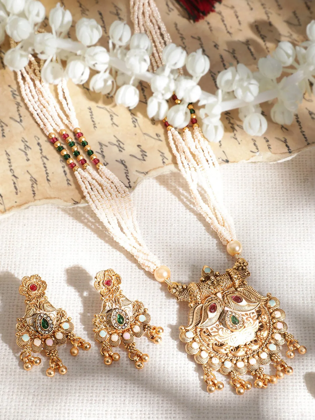 18KT Gold Plated Antique Floral Motif AD and Kundan Studded Temple Jewellery Set