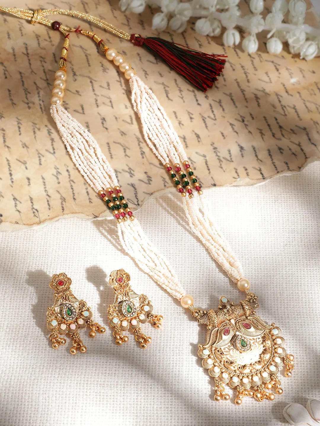 18KT Gold Plated Antique Floral Motif AD and Kundan Studded Temple Jewellery Set