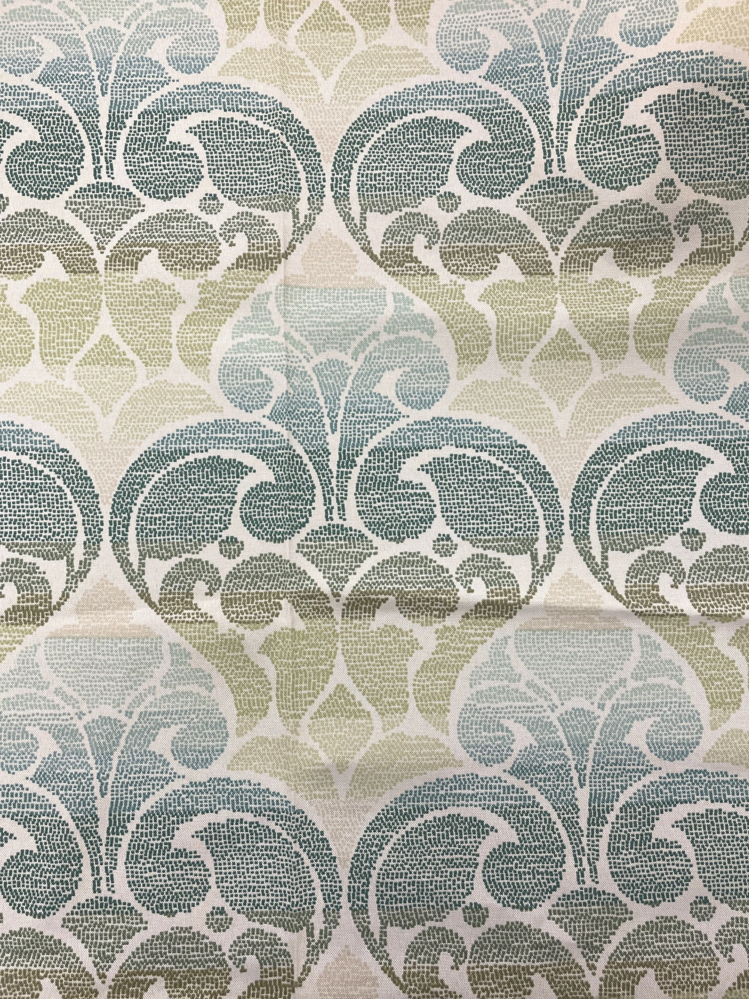 2014 1 3/4 YD Polyester Outdoor Home Dec. - White Printed with Green to Aqua Ombre Filigree