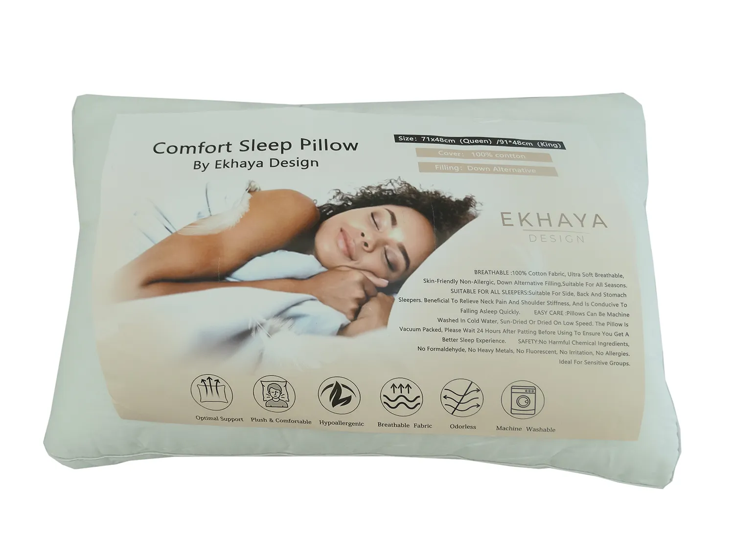 613432S, Queen Cotton Pillow w/ Polyester Filling