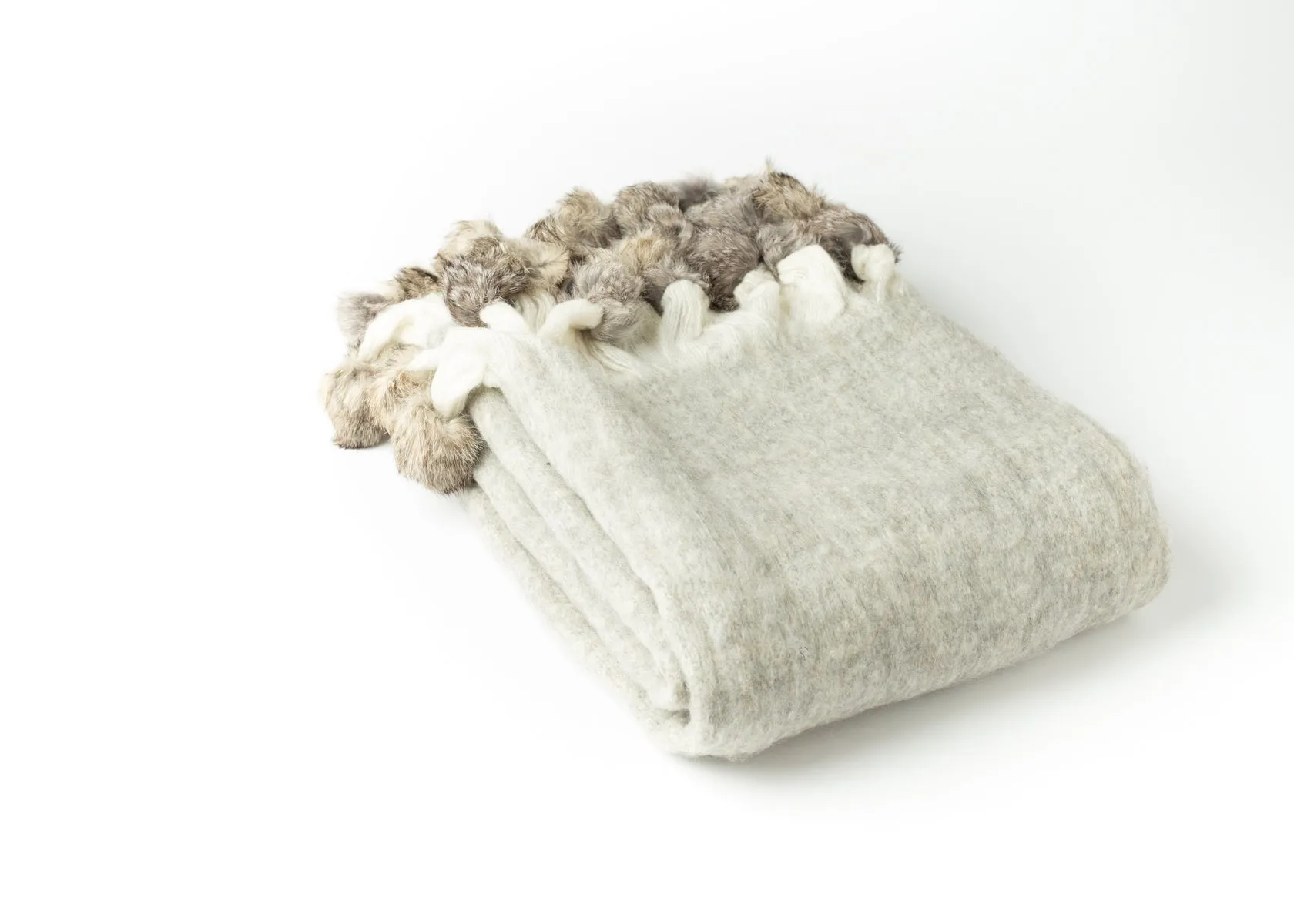 7032 - Wool Blend Mohair Trimmed with Rabbit Fur Pom Poms - 50" x 60"