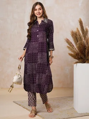 Abstract Printed Zari & Resham Embroidered Kurta with Pants - Dark Purple