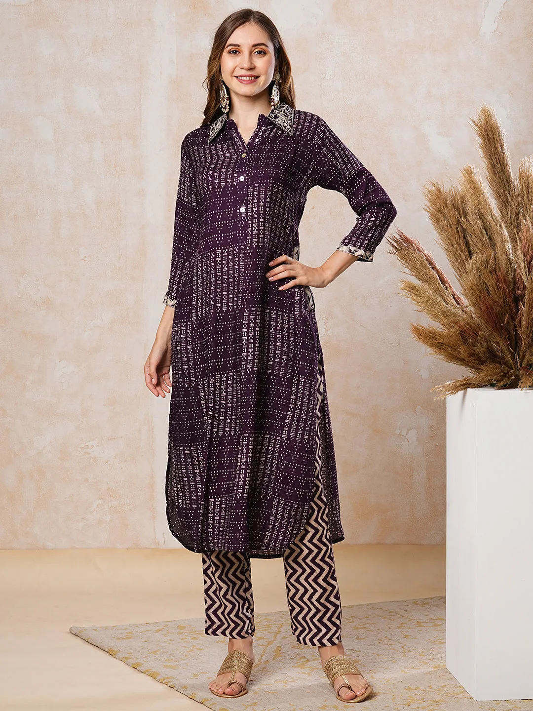 Abstract Printed Zari & Resham Embroidered Kurta with Pants - Dark Purple