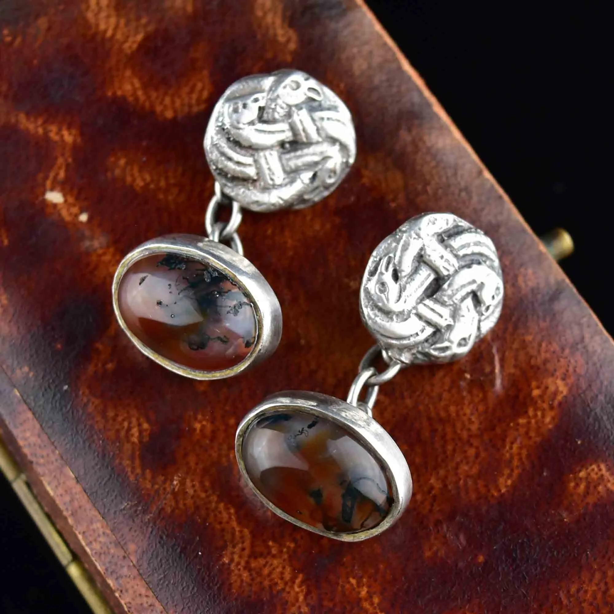 Antique Silver Snake Scottish Moss Agate Cufflinks