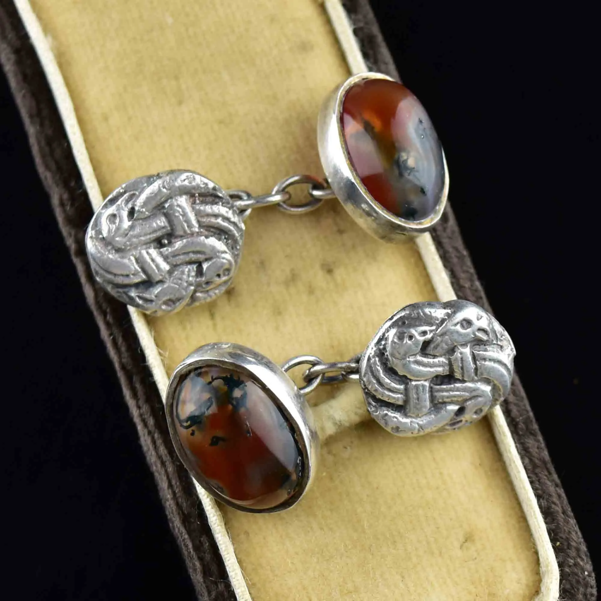 Antique Silver Snake Scottish Moss Agate Cufflinks