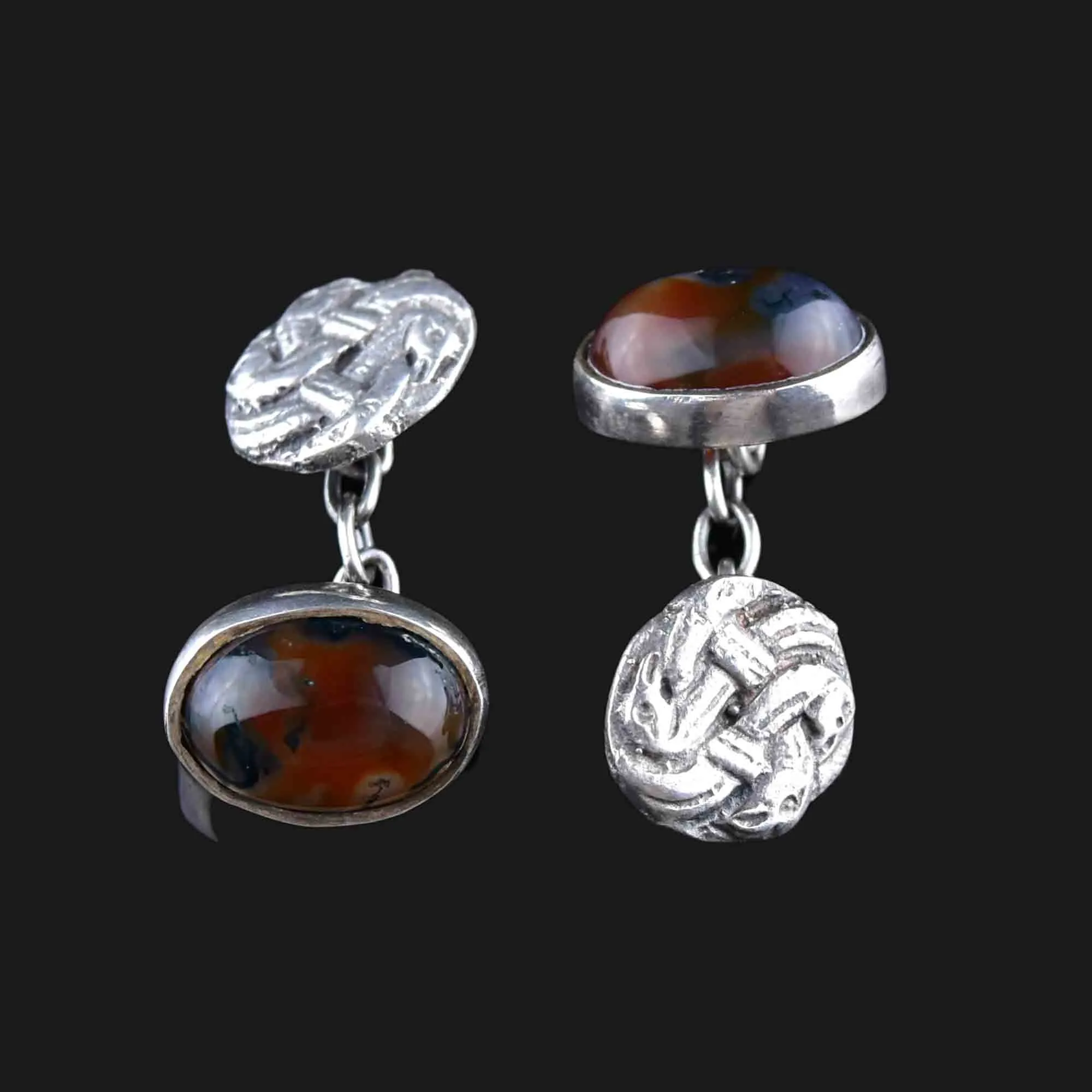 Antique Silver Snake Scottish Moss Agate Cufflinks