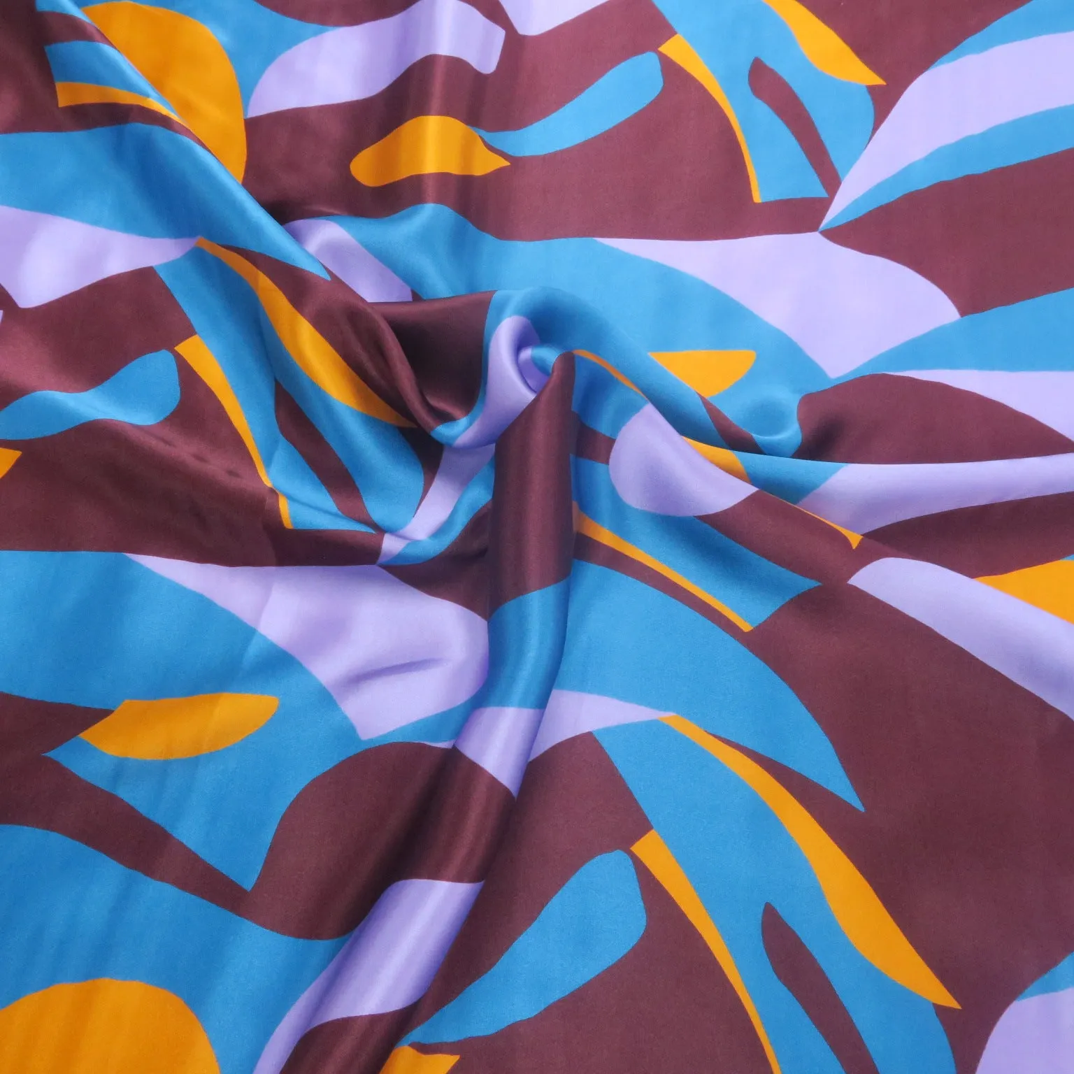 Aqua Orange and Burgundy Geometric on Purple Background Printed Silk Charmeuse Fabric