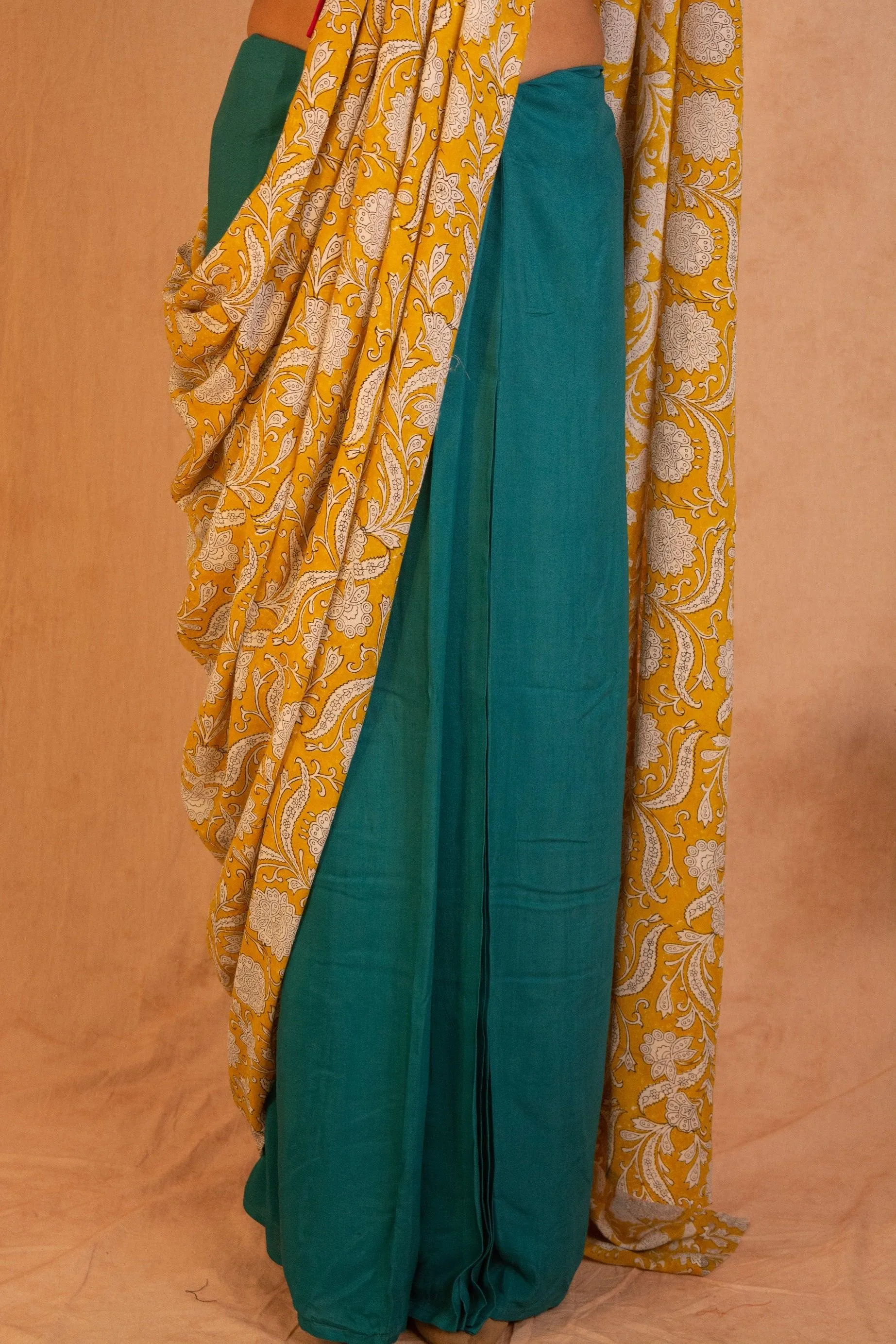 Aqua Yellow Hand Block Printed Ready Pleated Silk Saree