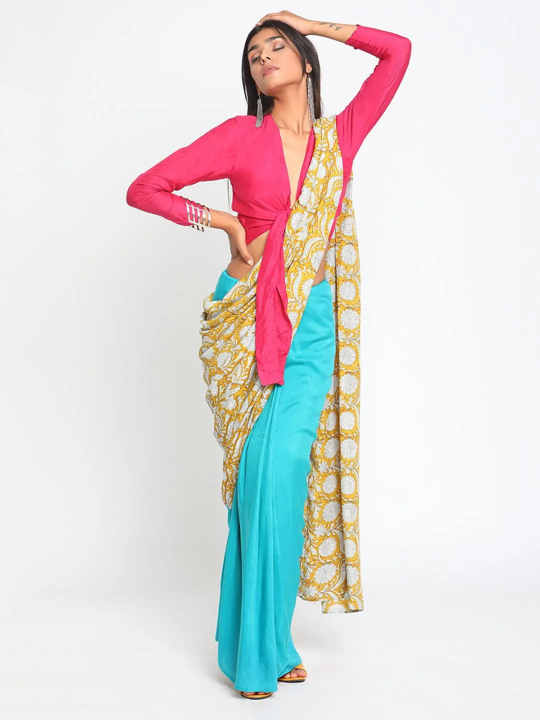 Aqua Yellow Hand Block Printed Ready Pleated Silk Saree