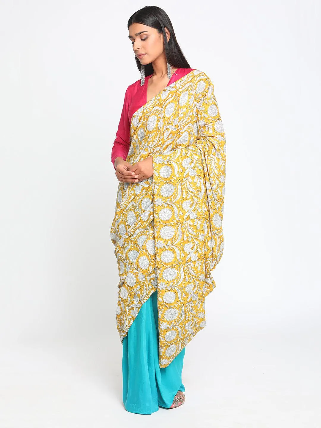 Aqua Yellow Hand Block Printed Ready Pleated Silk Saree