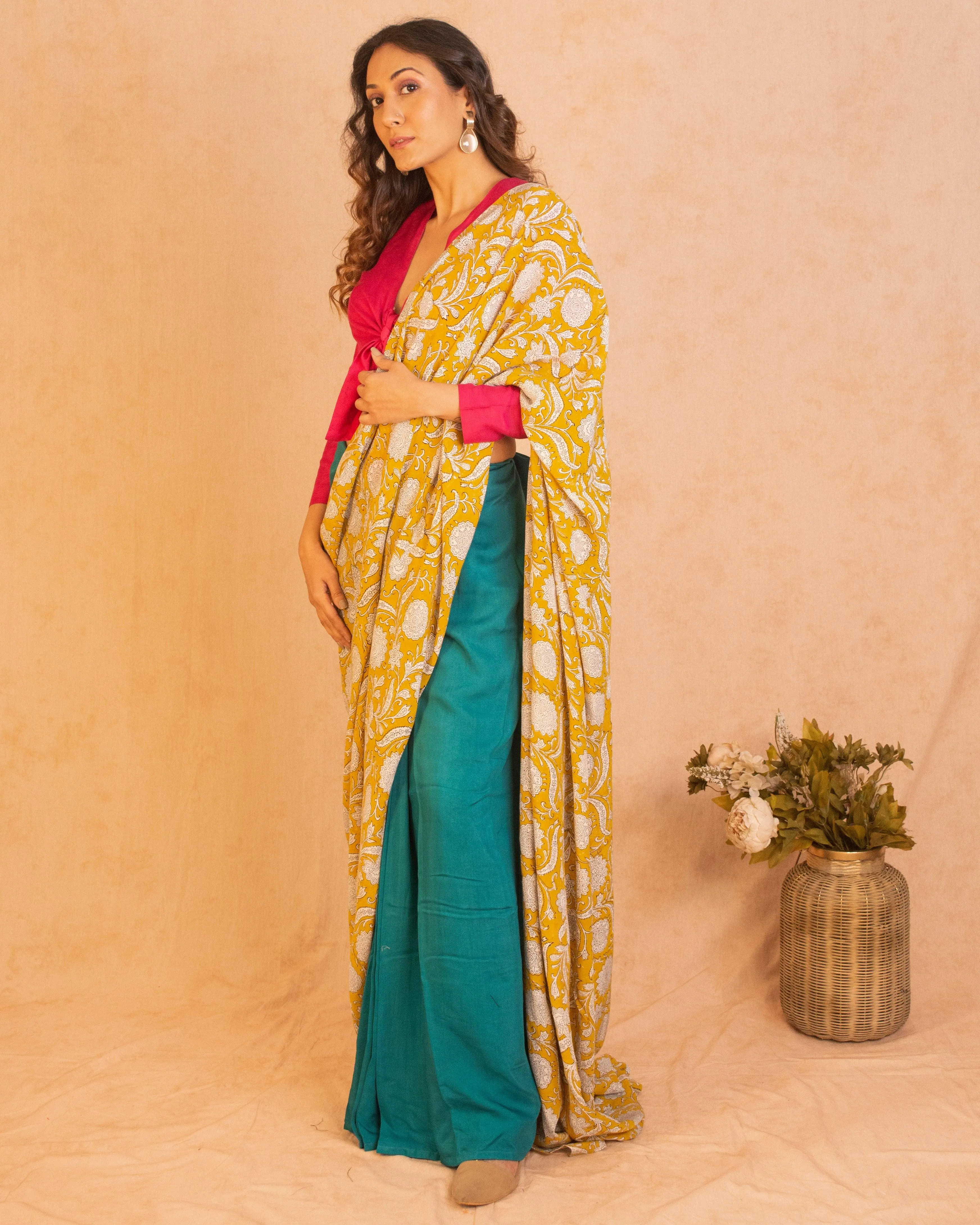 Aqua Yellow Hand Block Printed Ready Pleated Silk Saree