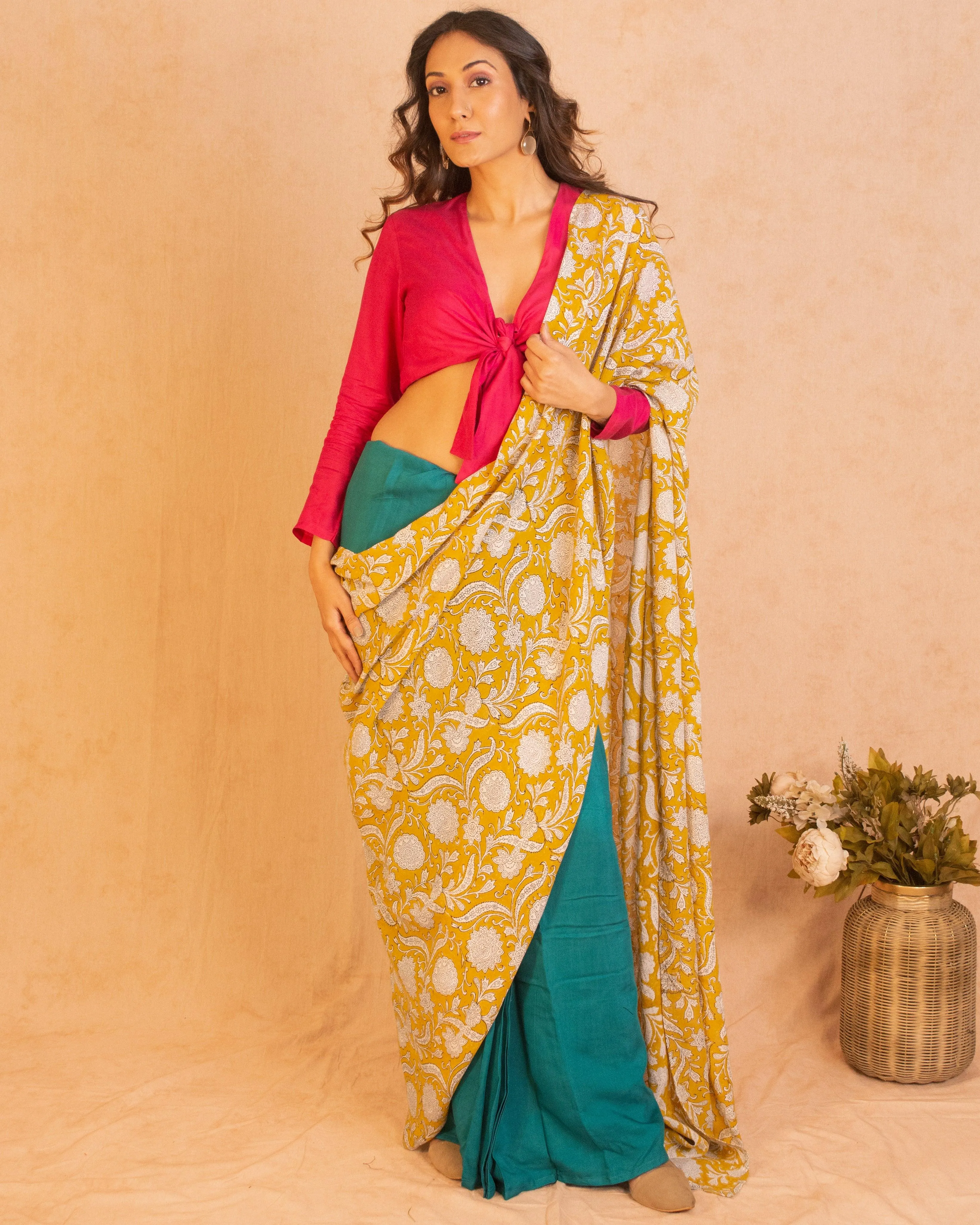 Aqua Yellow Hand Block Printed Ready Pleated Silk Saree