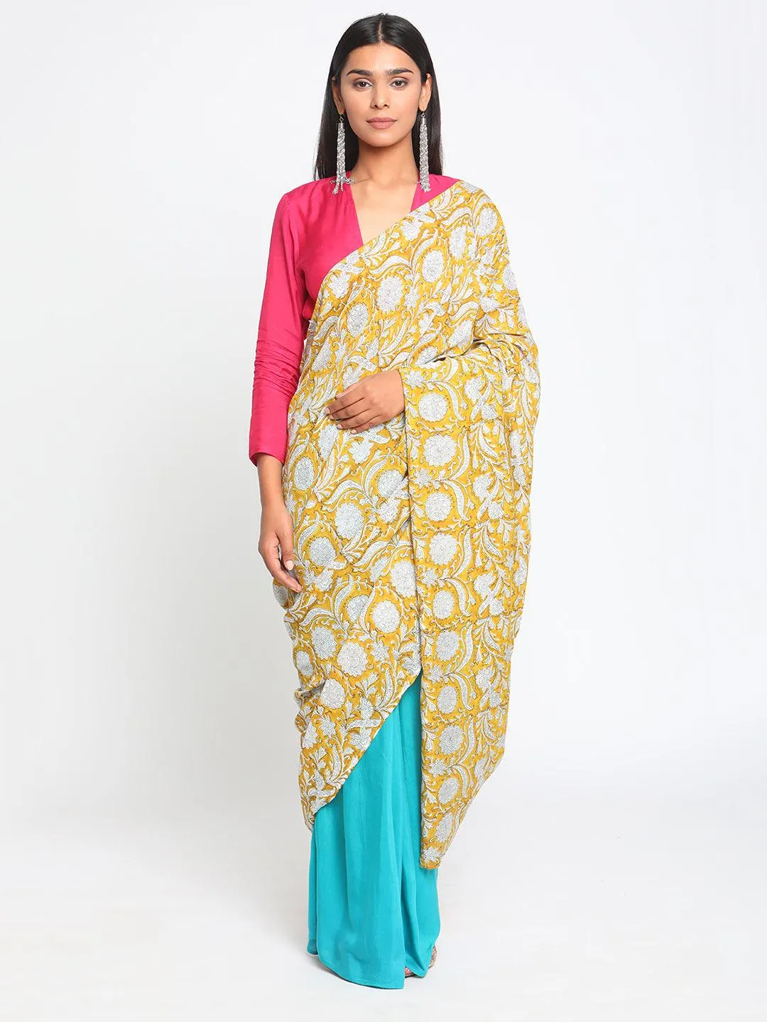 Aqua Yellow Hand Block Printed Ready Pleated Silk Saree