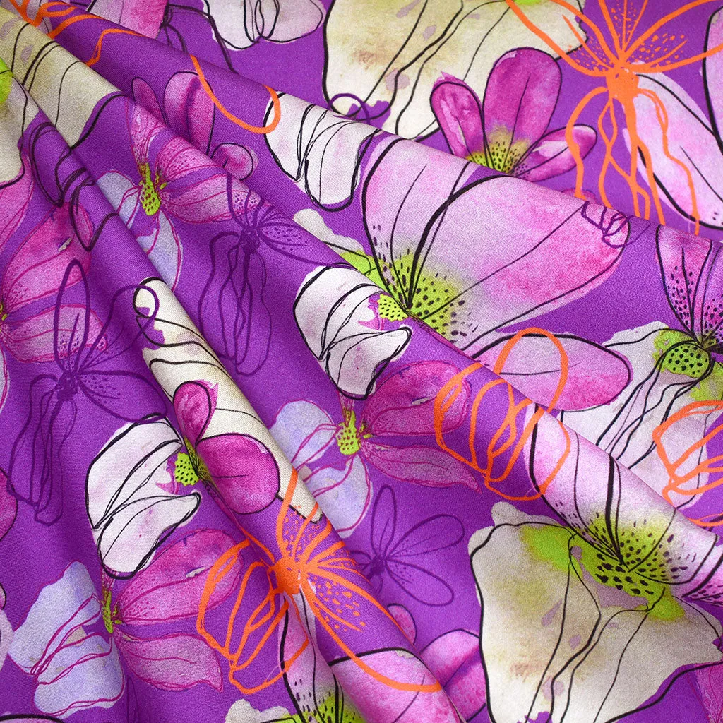 Artistic Orchid Floral Digital Print Rayon Challis Purple/Lime