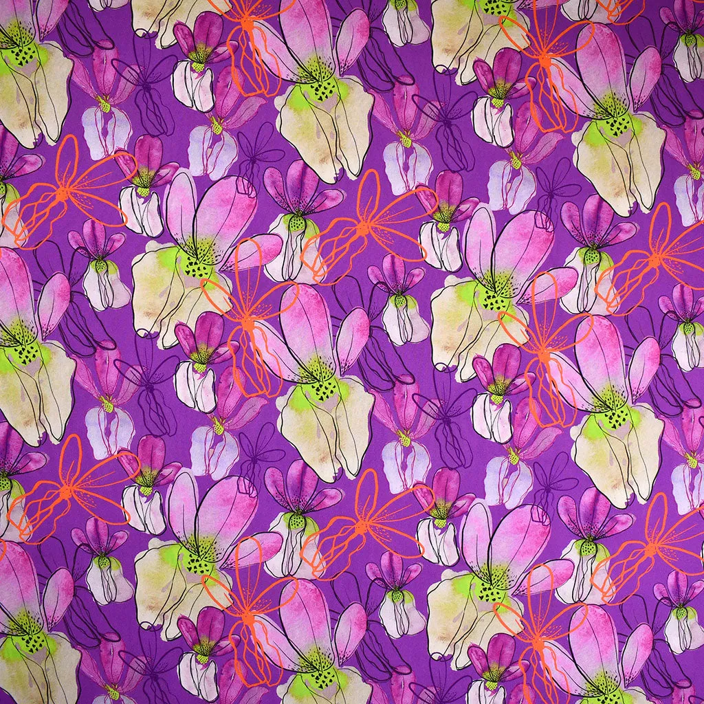 Artistic Orchid Floral Digital Print Rayon Challis Purple/Lime