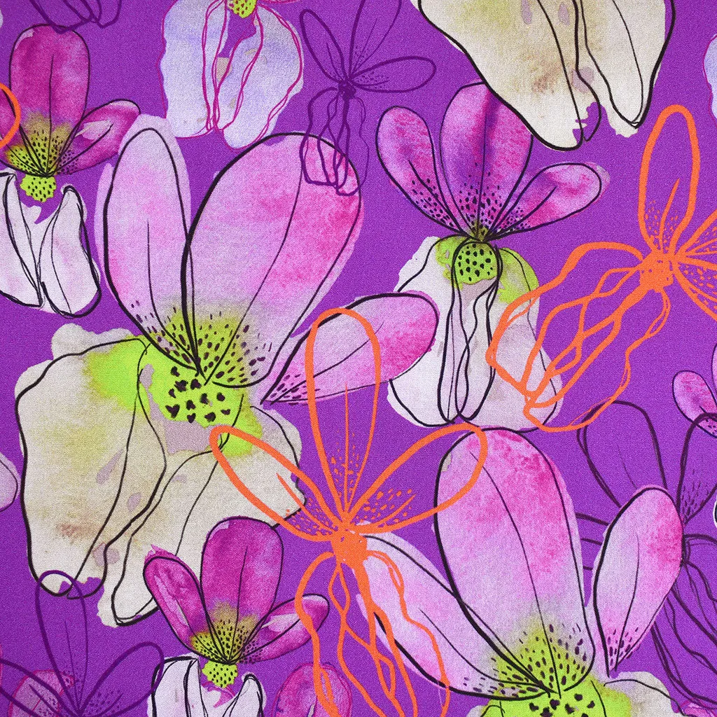 Artistic Orchid Floral Digital Print Rayon Challis Purple/Lime