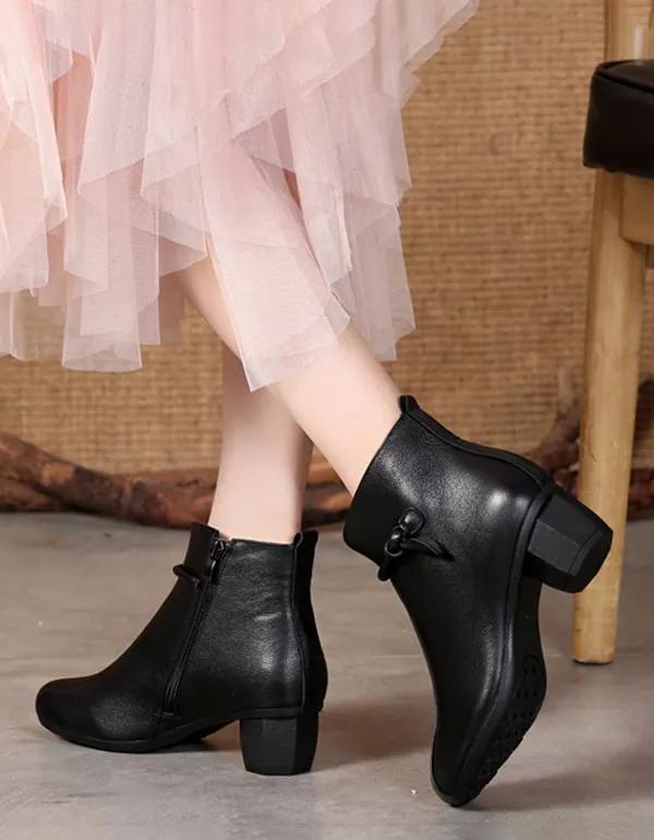 Autumn Winter Comfortable Leather Chunky Heel Boots