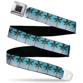 BD Wings Logo CLOSE-UP Black/Silver Seatbelt Belt - Palm Tree Skyline Webbing