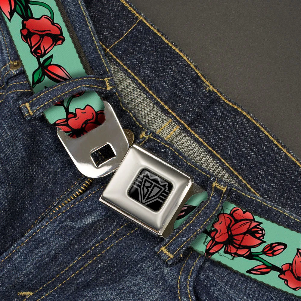 BD Wings Logo CLOSE-UP Black/Silver Seatbelt Belt - Red Rose Chain Green Webbing