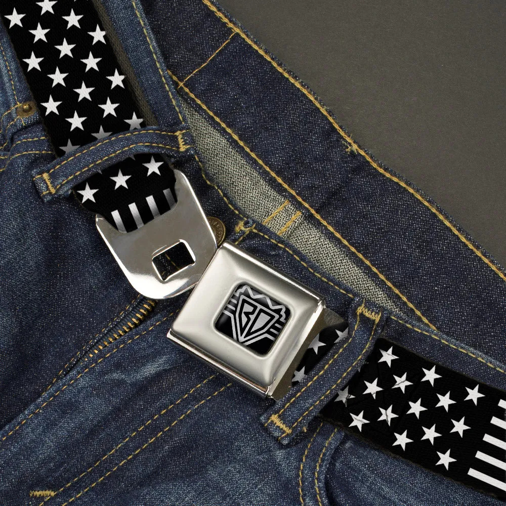 BD Wings Logo CLOSE-UP Full Color Black Silver Seatbelt Belt - Americana Stars & Stripes2 Black/White Webbing