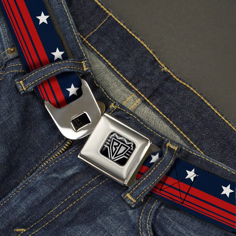 BD Wings Logo CLOSE-UP Full Color Black Silver Seatbelt Belt - Americana Stars & Stripes4 Blue/White/Red Webbing