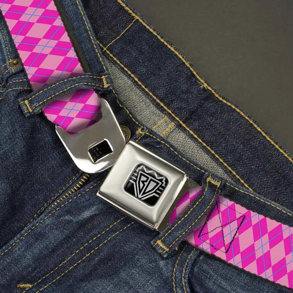 BD Wings Logo CLOSE-UP Full Color Black Silver Seatbelt Belt - Argyle Pink/Fuchsia/Blue Webbing