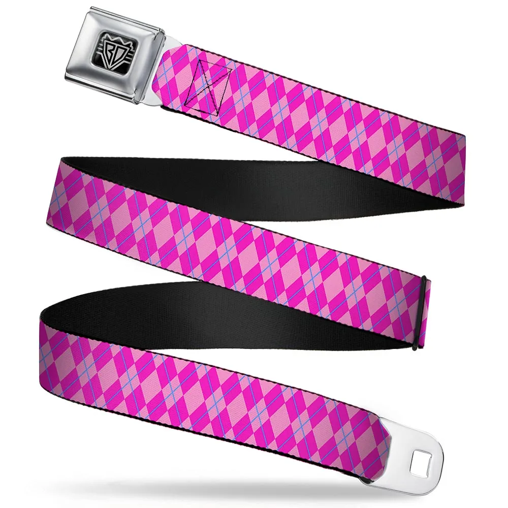 BD Wings Logo CLOSE-UP Full Color Black Silver Seatbelt Belt - Argyle Pink/Fuchsia/Blue Webbing