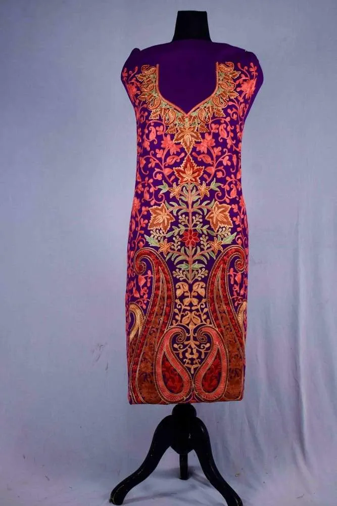 Beautiful Purple Color Kashmiri Aari Work Embroidered Suits Enriched With Floral Paisley Pattern