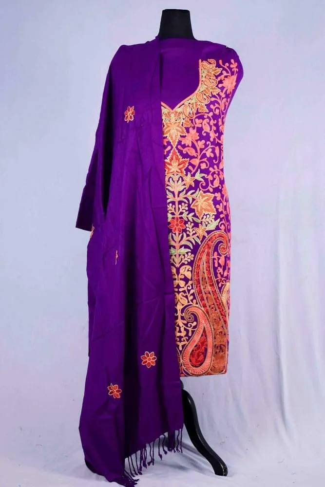 Beautiful Purple Color Kashmiri Aari Work Embroidered Suits Enriched With Floral Paisley Pattern