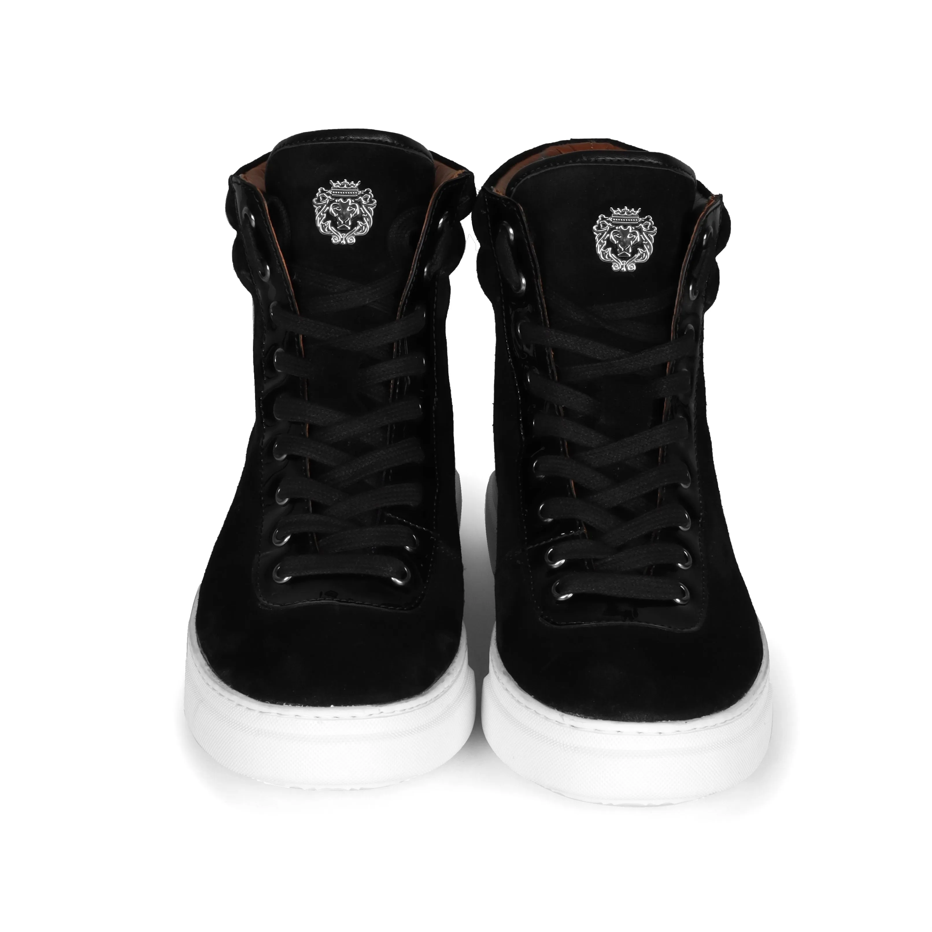 Black Suede Leather With Contrasting Patent Detailing Mid Top Lace-Up Sneakers by Brune & Bareskin