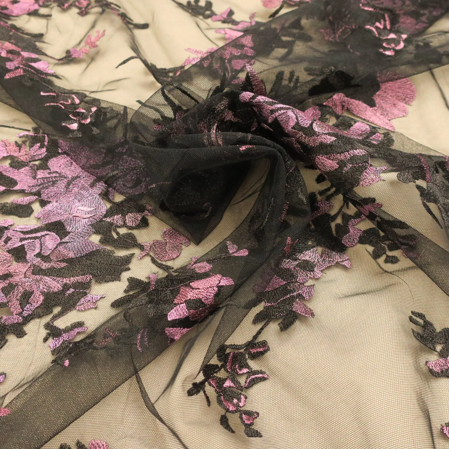 Black Tulle with Purple Floral Design Embroidered  Fabric