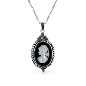 Black White Oval Victorian Lady Cameo Ring Pendant 925 Sterling Silver