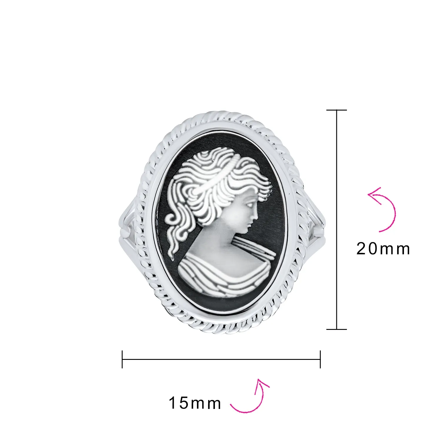 Black White Oval Victorian Lady Cameo Ring Pendant 925 Sterling Silver