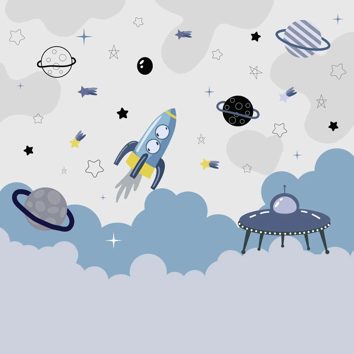 Blue and Grey Space Theme Children Wallpaper, Customized