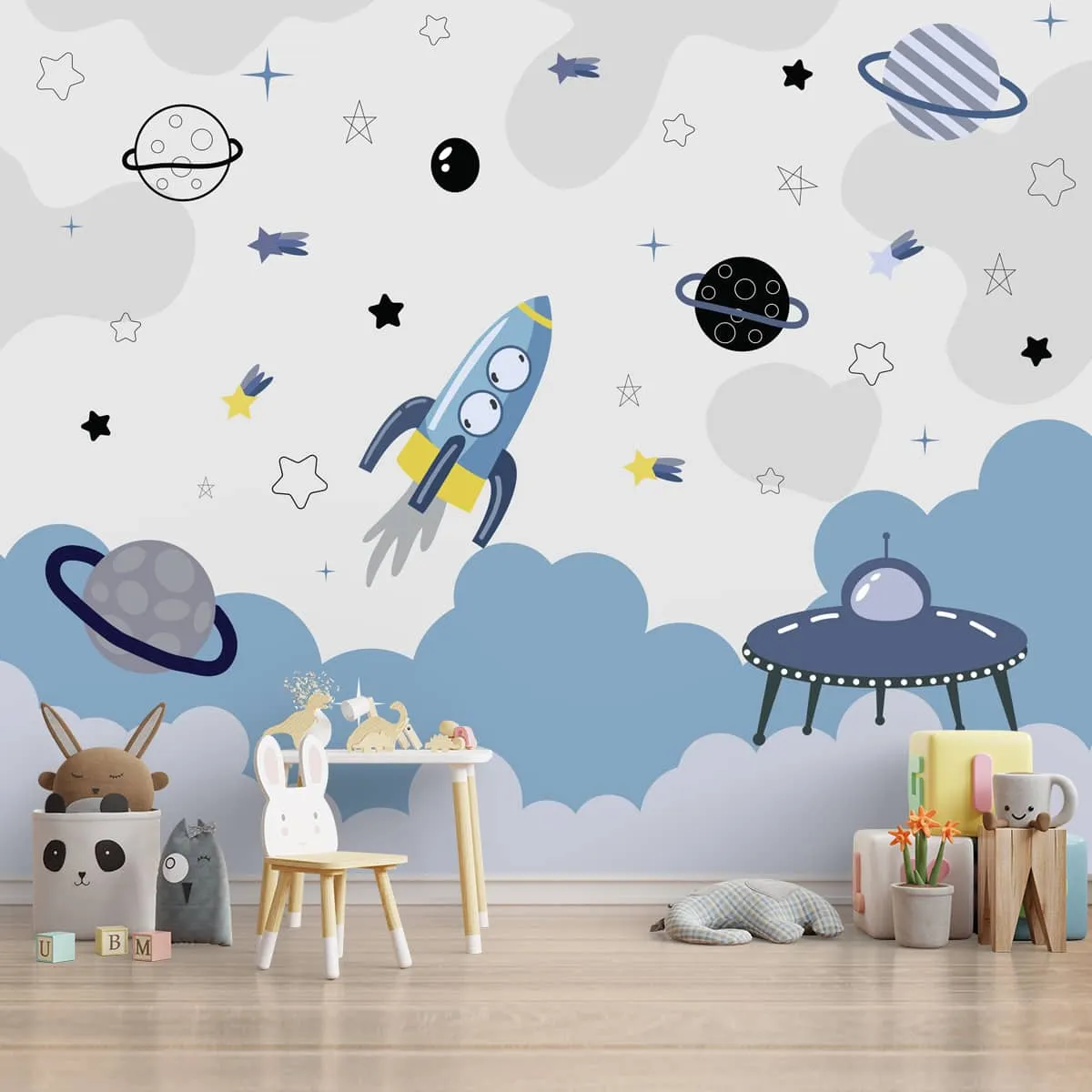 Blue and Grey Space Theme Children Wallpaper, Customized