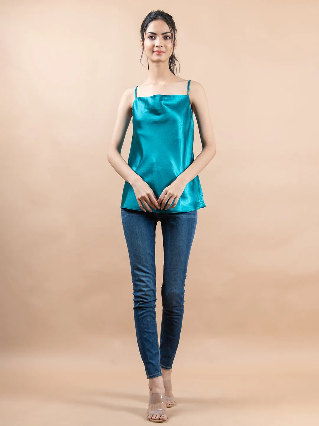 Blue cowl neck cami top