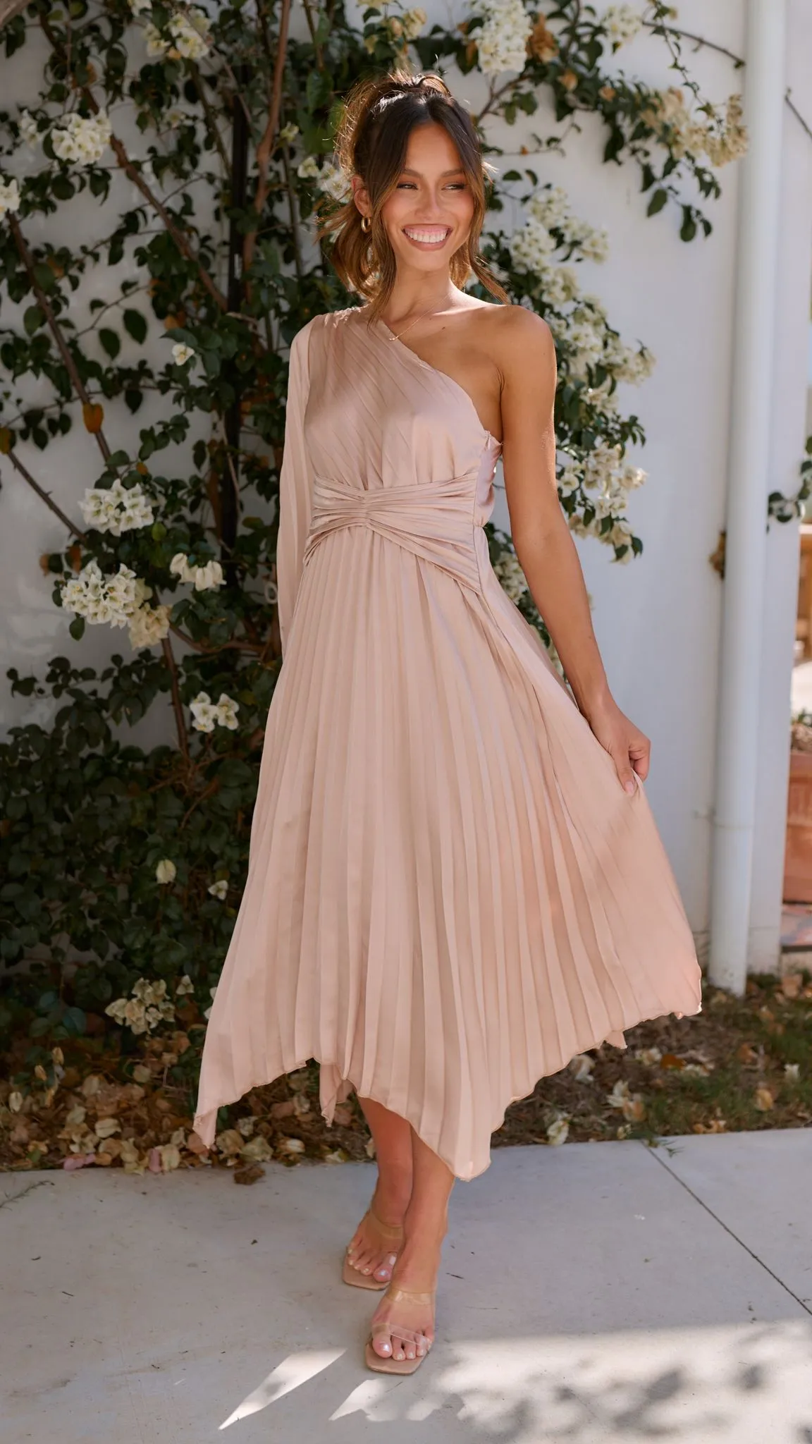 Brooklyn One Shoulder Midi Dress - Champagne