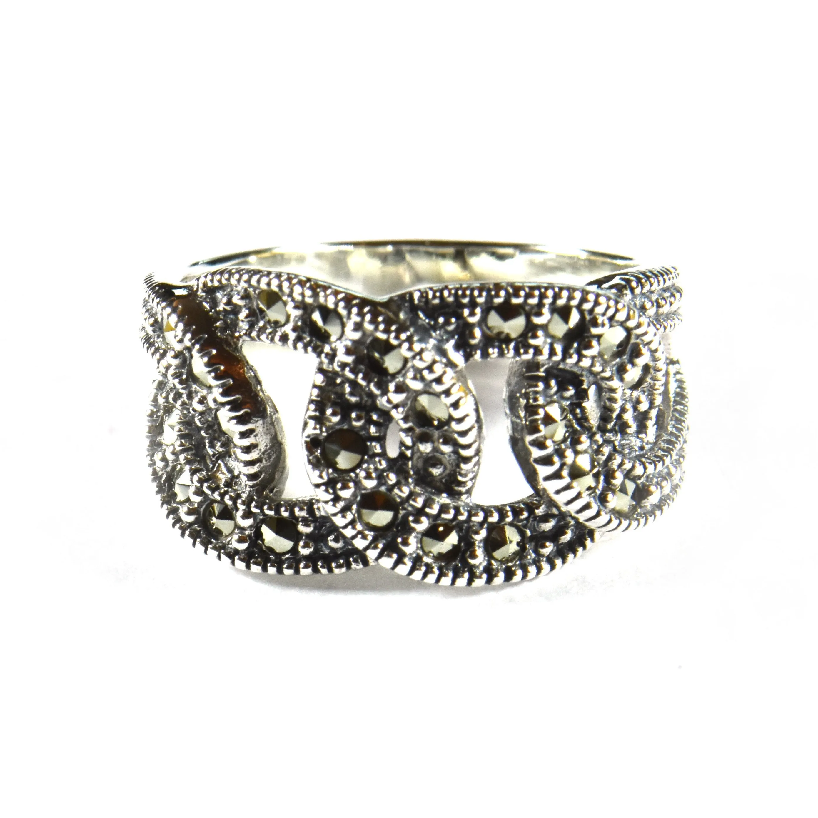 Buckle silver ring with marcasite