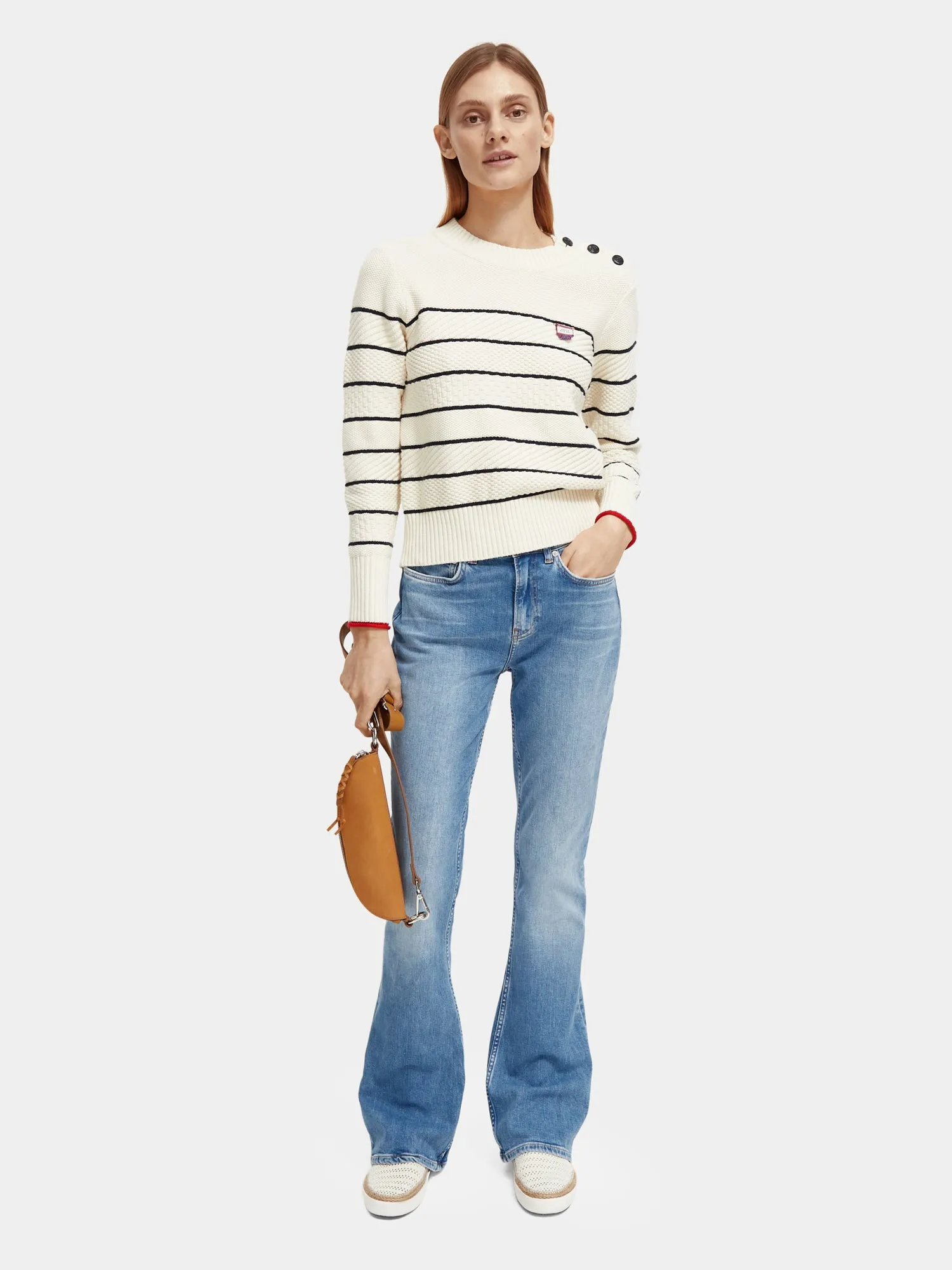 Button shoulder striped pullover