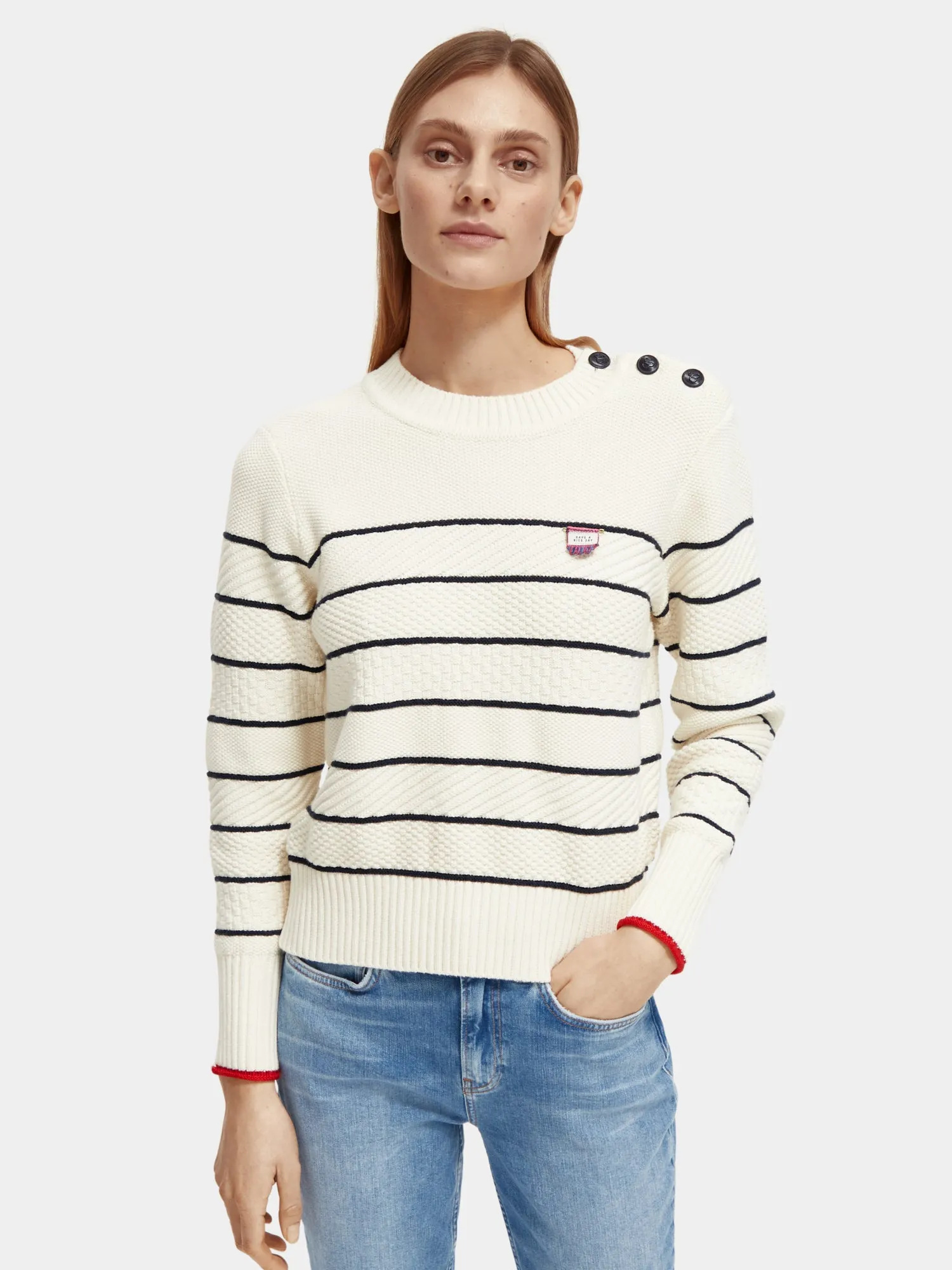 Button shoulder striped pullover