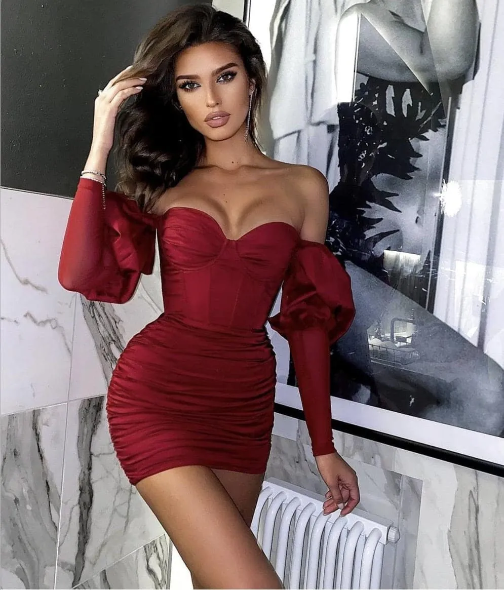 DressBetty - 2023 Fashion Sexy Off Shoulder Long Sleeve Mini Dress