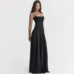 Elegant Lace Up Spaghetti Strap Fit and Flare Satin Maxi Evening Dress