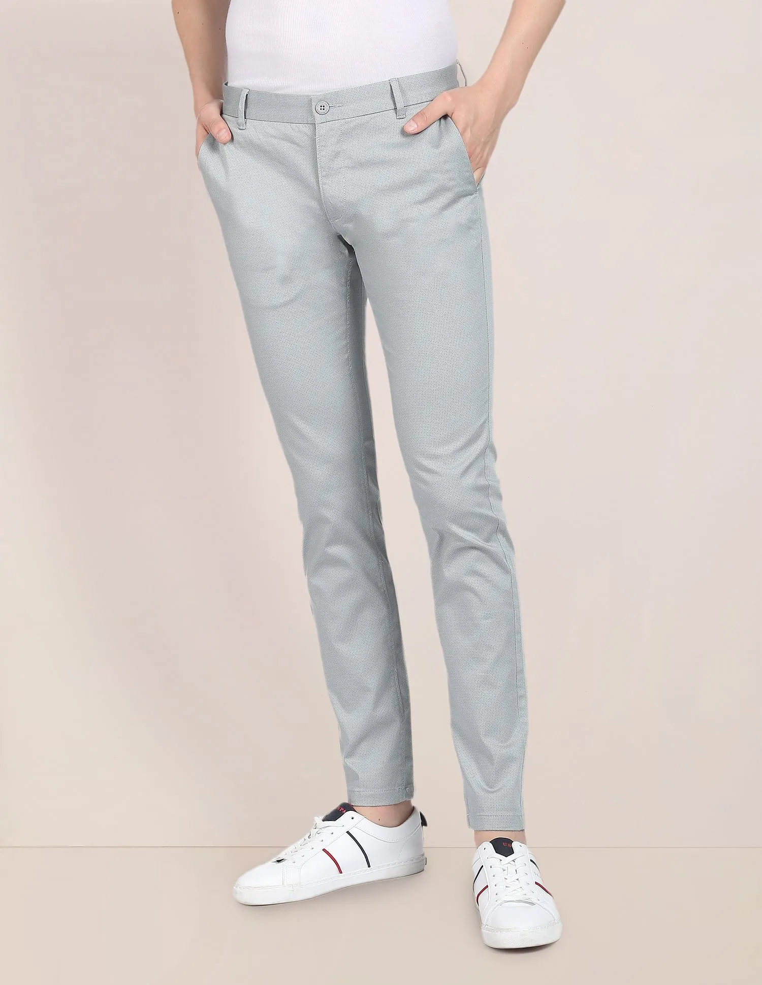 Flat Front Geometric Printed Casual Trousers