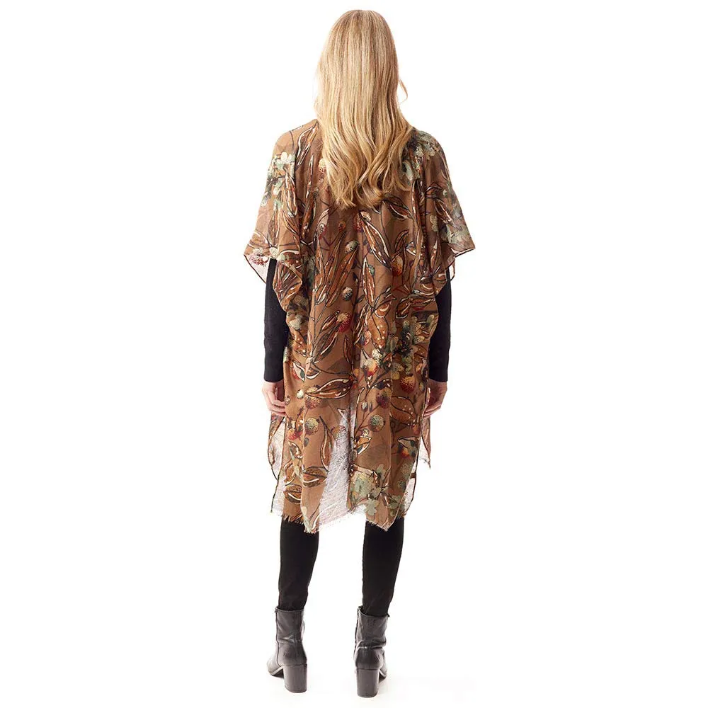 Floral Printed Gold Foil Accented Ruana Poncho