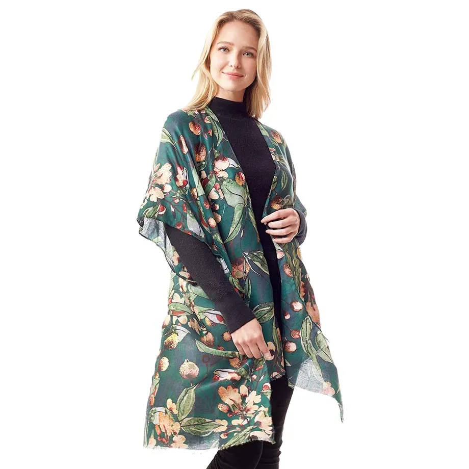 Floral Printed Gold Foil Accented Ruana Poncho