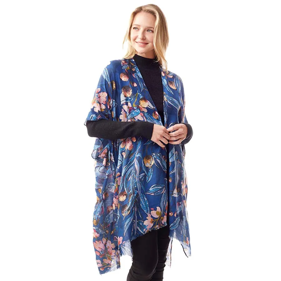 Floral Printed Gold Foil Accented Ruana Poncho