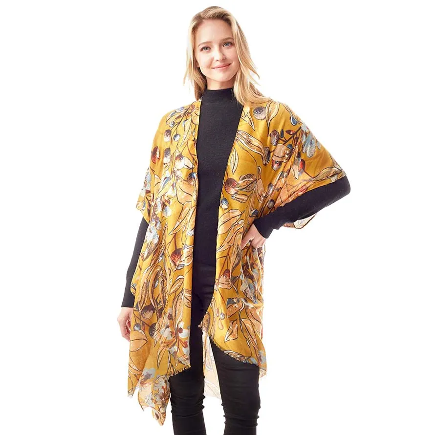 Floral Printed Gold Foil Accented Ruana Poncho