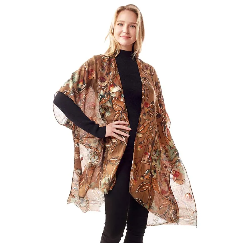 Floral Printed Gold Foil Accented Ruana Poncho